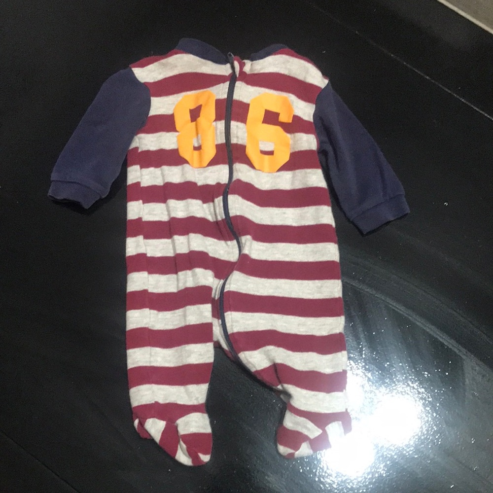 Striped Maroon & Cream Infant Footie with Navy Sleeves and Yellow '86'